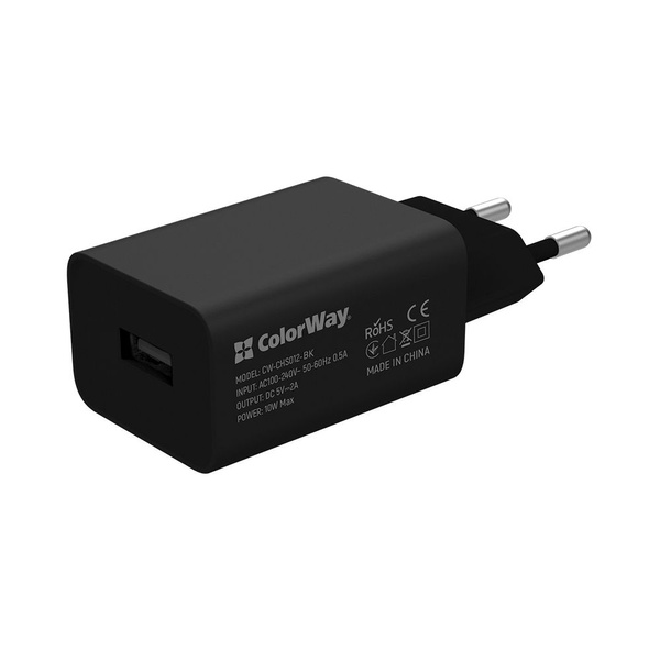 Мережевий зарядний пристрій ColorWay (1USBx2A) Black (CW-CHS012CM-BK) + кабель MicroUSB CW-CHS012CM-BK фото