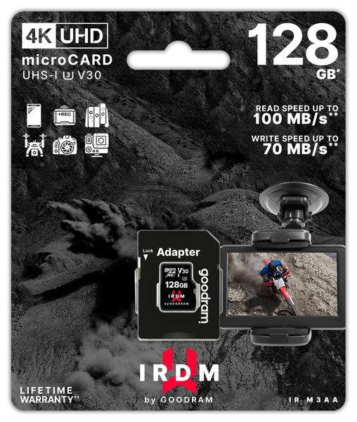 Карта пам`яті MicroSDXC 128GB UHS-I/U3 Class 10 GOODRAM IRDM + SD-адаптер R100/W70MB/s (IR-M3AA-1280R12) IR-M3AA-1280R12 фото