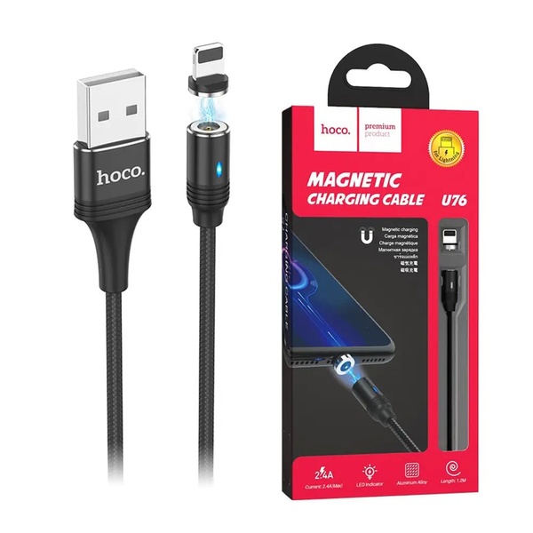 Кабель Hoco U76 Fresh USB - Lightning, магнітний, 1.2 м Black (U76B) U76B фото